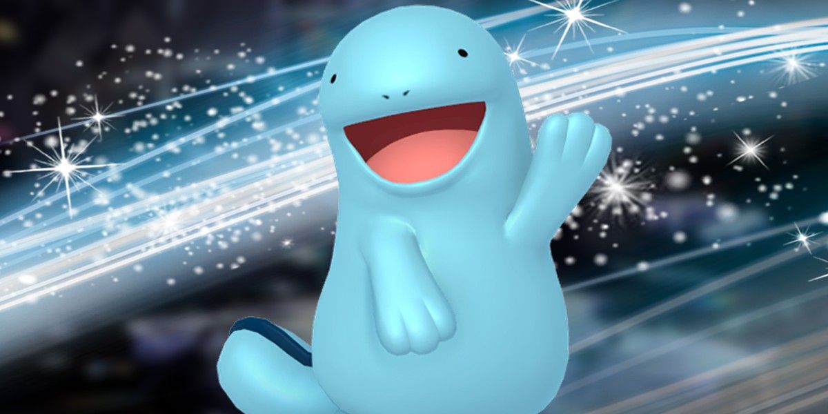 Quagsire's sprite from Pokémon Home raises his left paw while smiling.  Behind it is a stream of blue and white energy and blurred in the background is a Tera Raid cave.