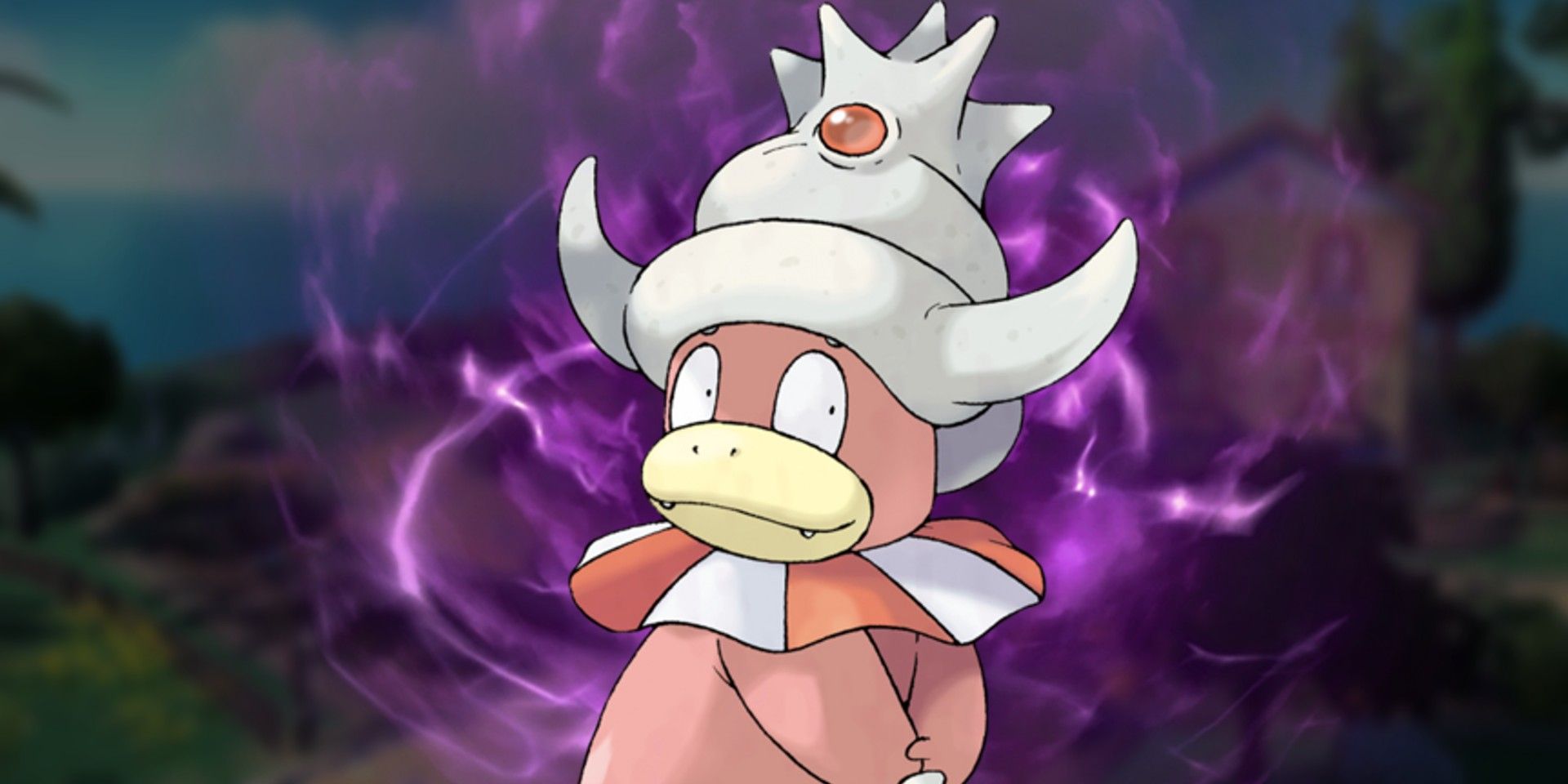 A Slowking looks behind itself while a purple energy gathers behind it. The blurred-out image in the background shows the Trainer's house in Paldea.