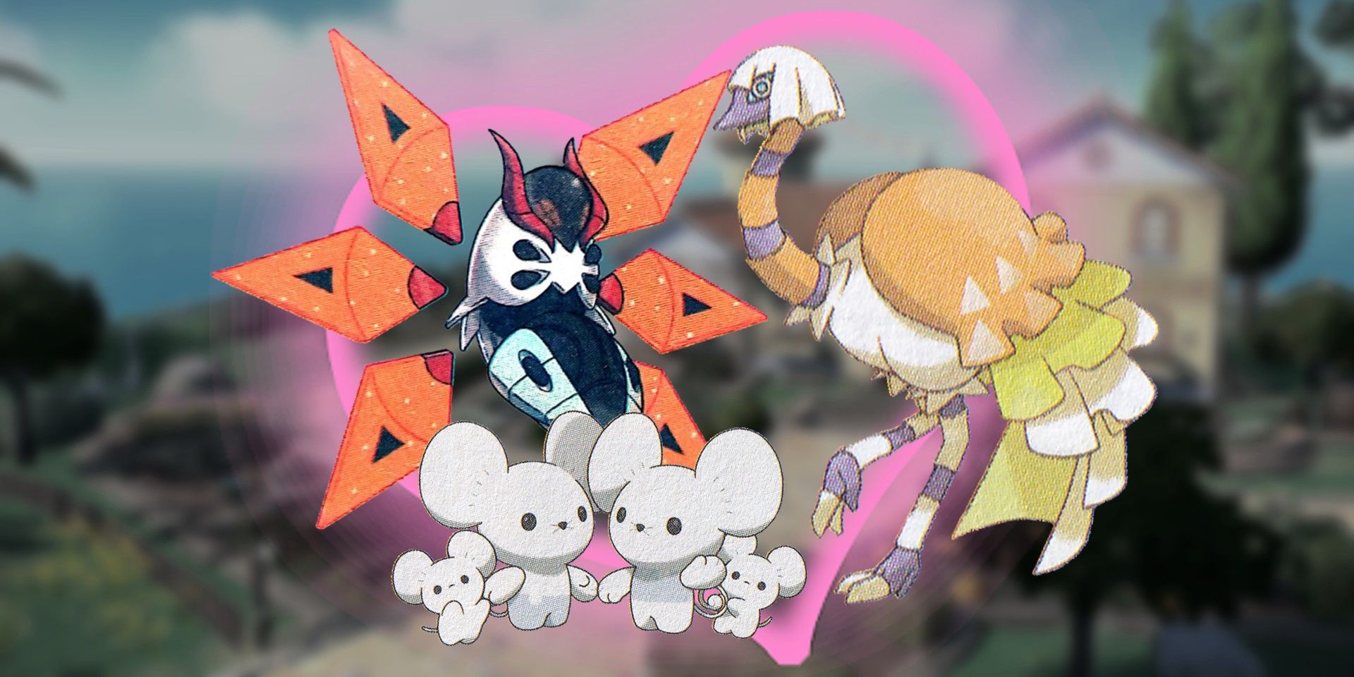 Pokemon Scarlet and Violet's Iron Moth to the left, Maushold below it, and Espathra to the right. Behind them is a pink heart and a blurred-out image of the Trainer's house in Paldea.