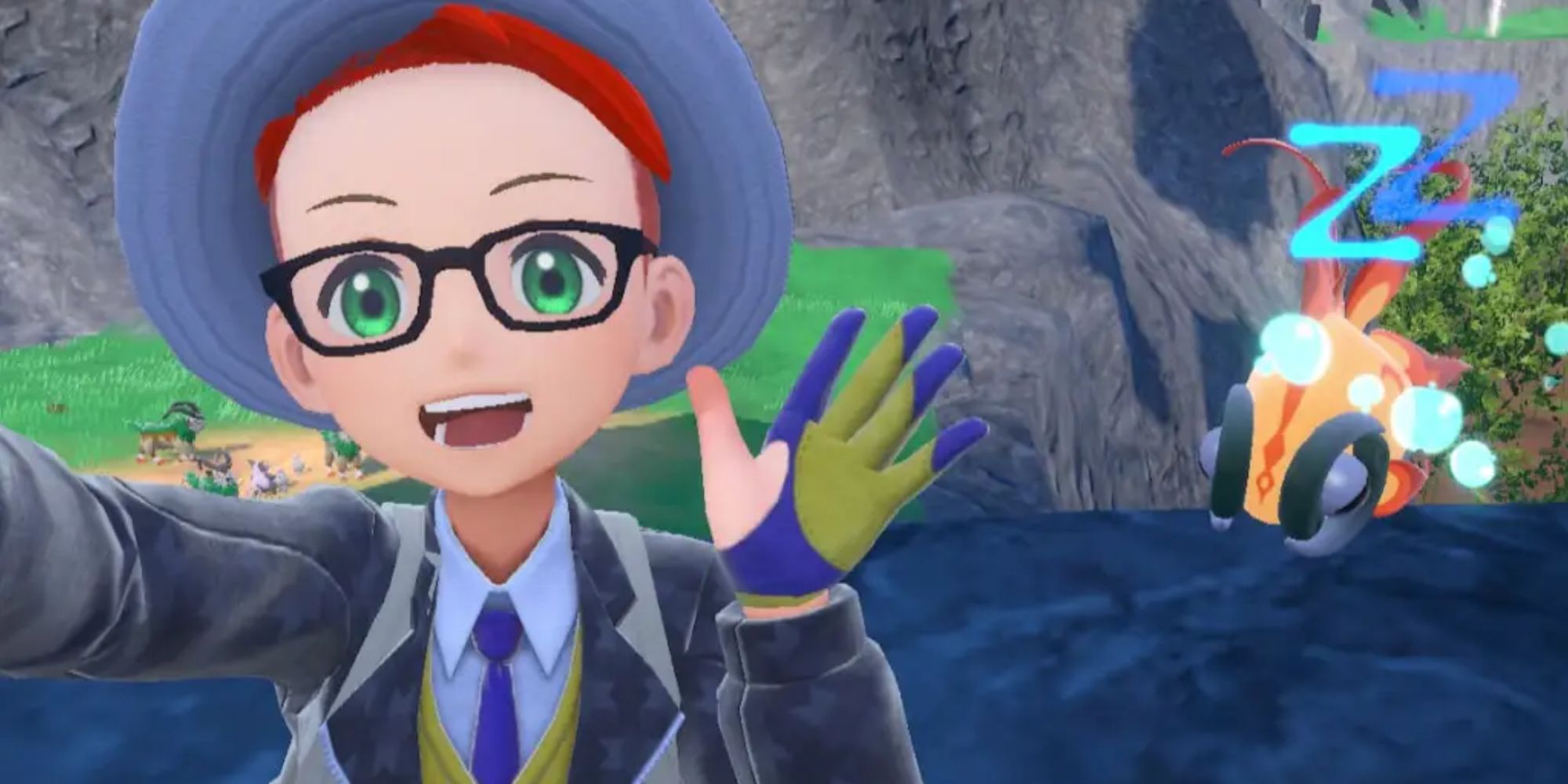 Pokemon protagonist holding up camera and snapping a selfie with Chi-Yu