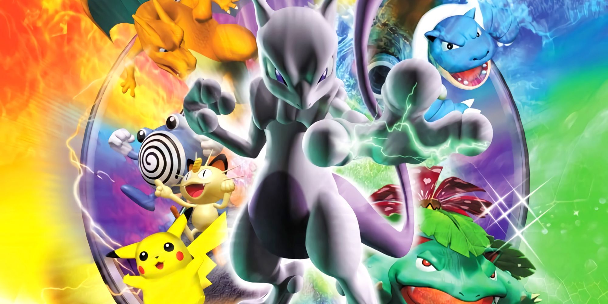 An image collecting many Pokémon available in Pokémon Stadium's roster, with Mewtwo in the middle surrounded by - in clockwise order from the top right - Blastoise, Venusaur, Pikachu, Meowth, Poliwhirl, and Charizard.