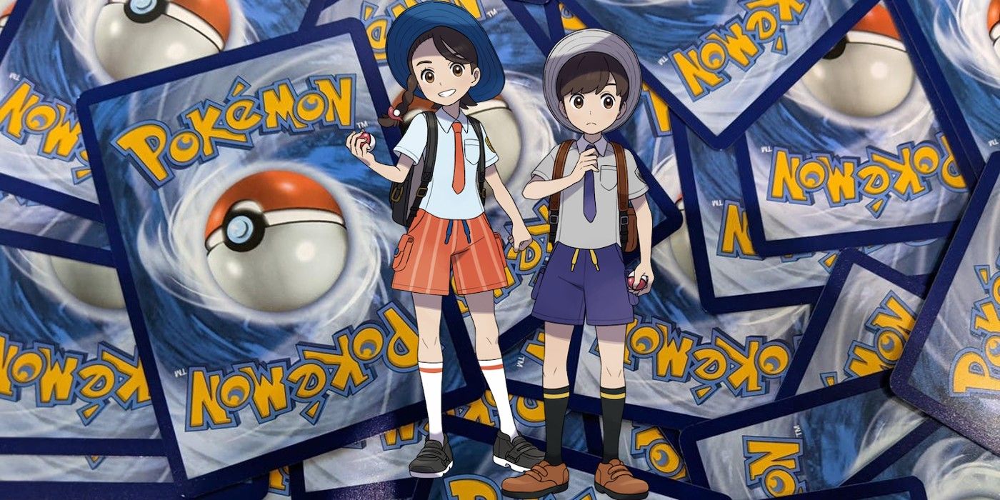 Pokemon SV male and female protagonists on top of Pokemon TCG cards.