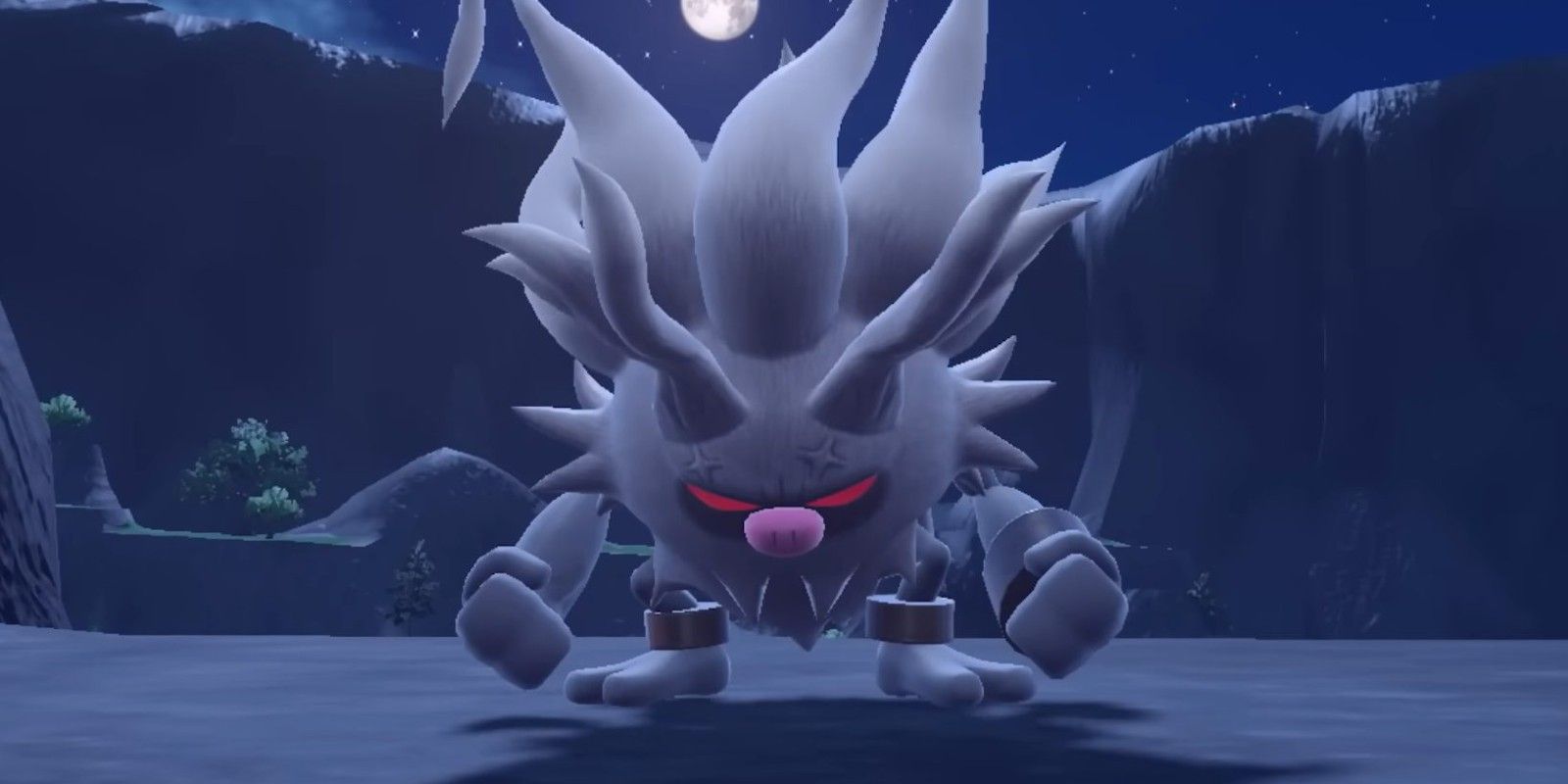 An Annihilape in Pokémon Scarlet and Violet, standing in a valley at night under the moon.