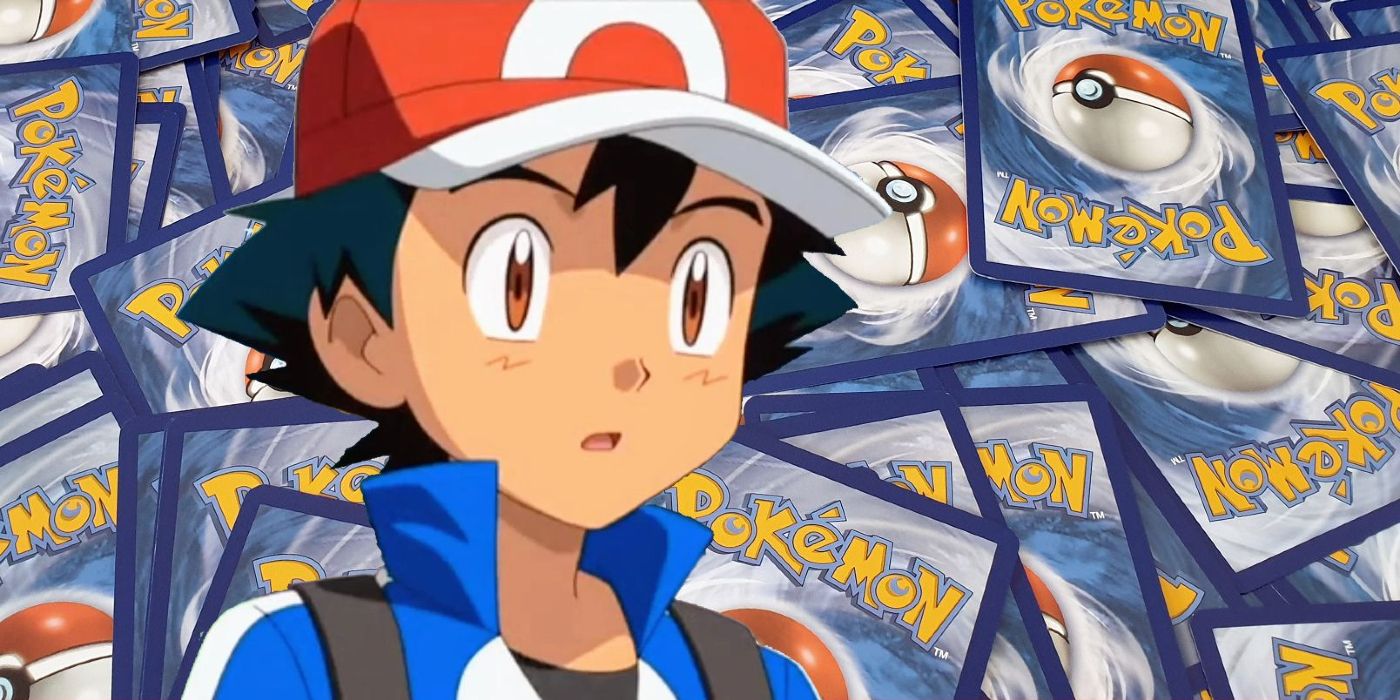Ash Ketchum looks confused or surprised in front of a pile of Pokemon cards