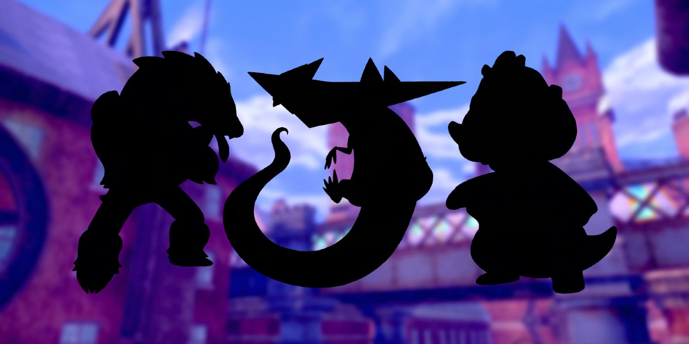 Silhouettes of Obstagoon, Dragapult, and Galarian Slowking in front of a blurred background showing Motostoke from Pokémon Sword and Shield.