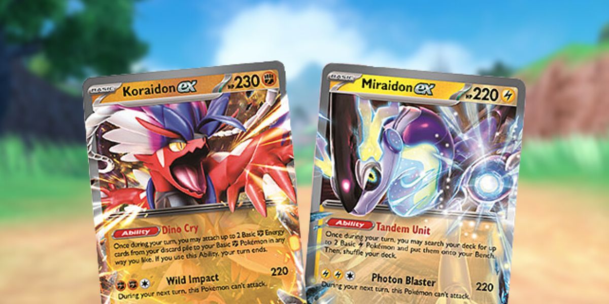 As novas cartas Scarlet e Violet do Pokémon Estampas Ilustradas para Koraidon EX e Miraidon EX.