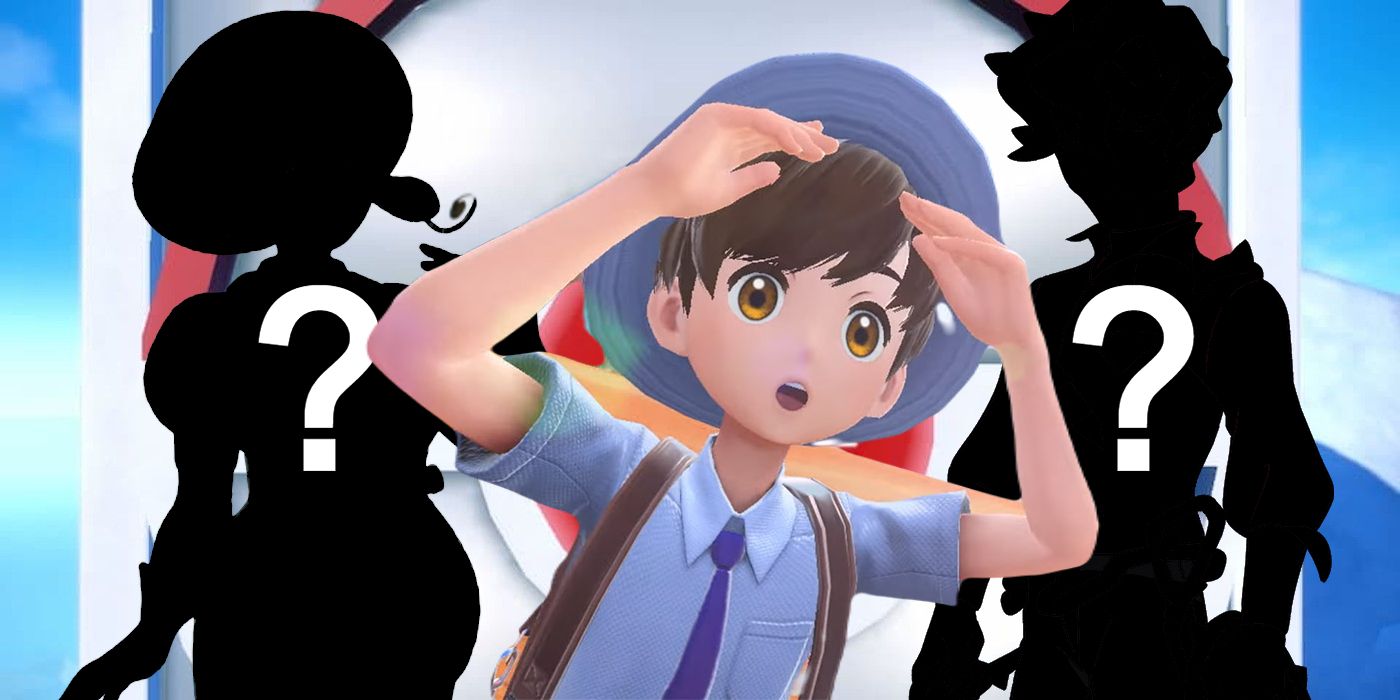 Image of a shocked-looking trainer from Pokémon Scarlet and Violet flanked by silhouettes of Katy and Brassius.