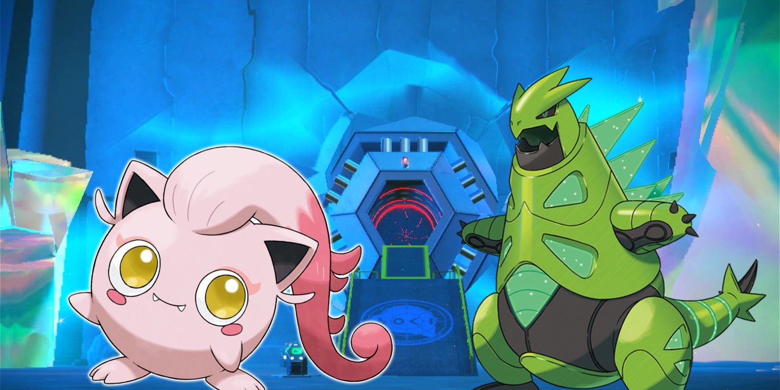 Eksterior Pokémon Scarlet dan Violet's Zero Lab dengan Scream Tail dan Iron Spikes ditumpangkan.