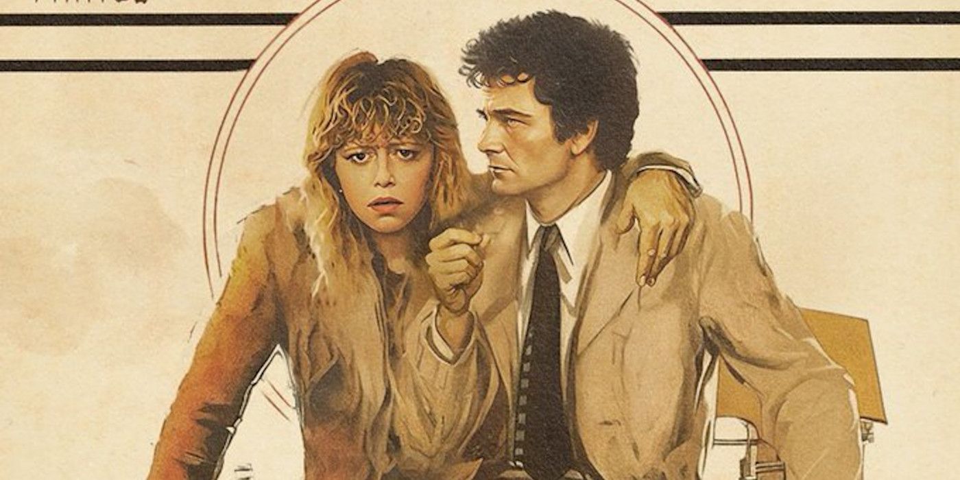 Natasha Lyonne and Columbo sit together, her arm thrown around his shoulder in a chummy fashion while he smokes a cigarette, in old-fashioned poster style art