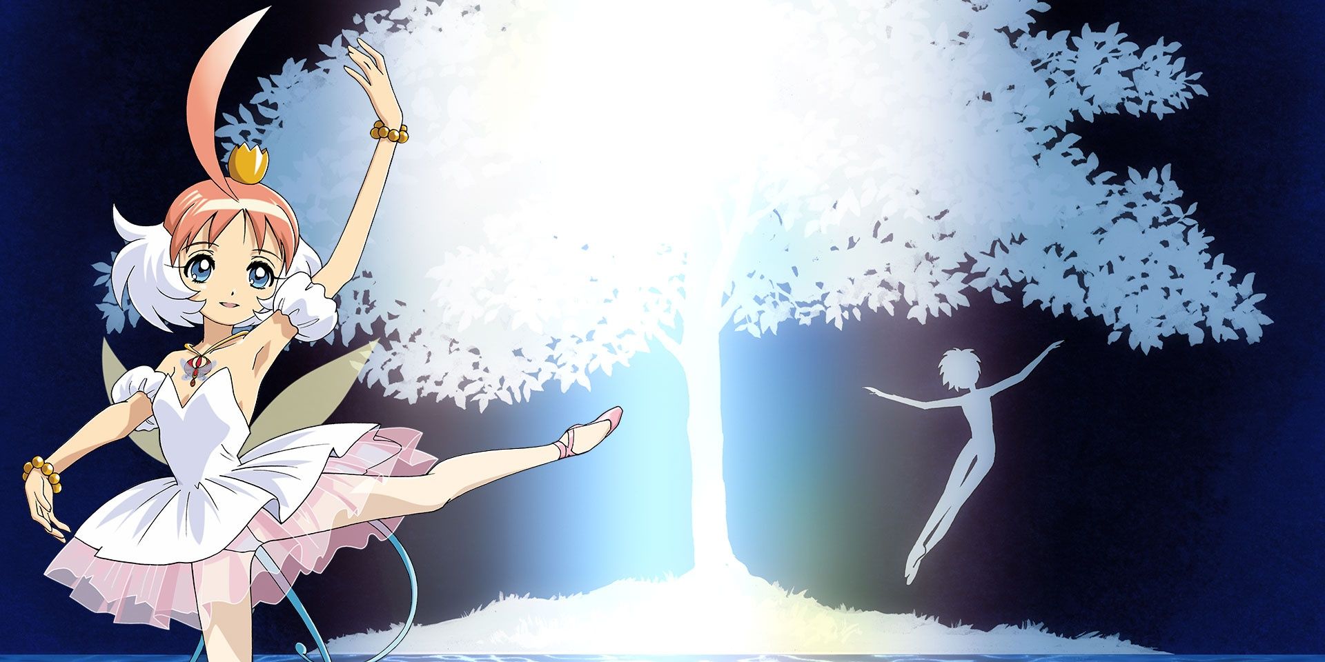 Duck in human form, dancing ballet in front of a glowing tree in Princess Tutu.