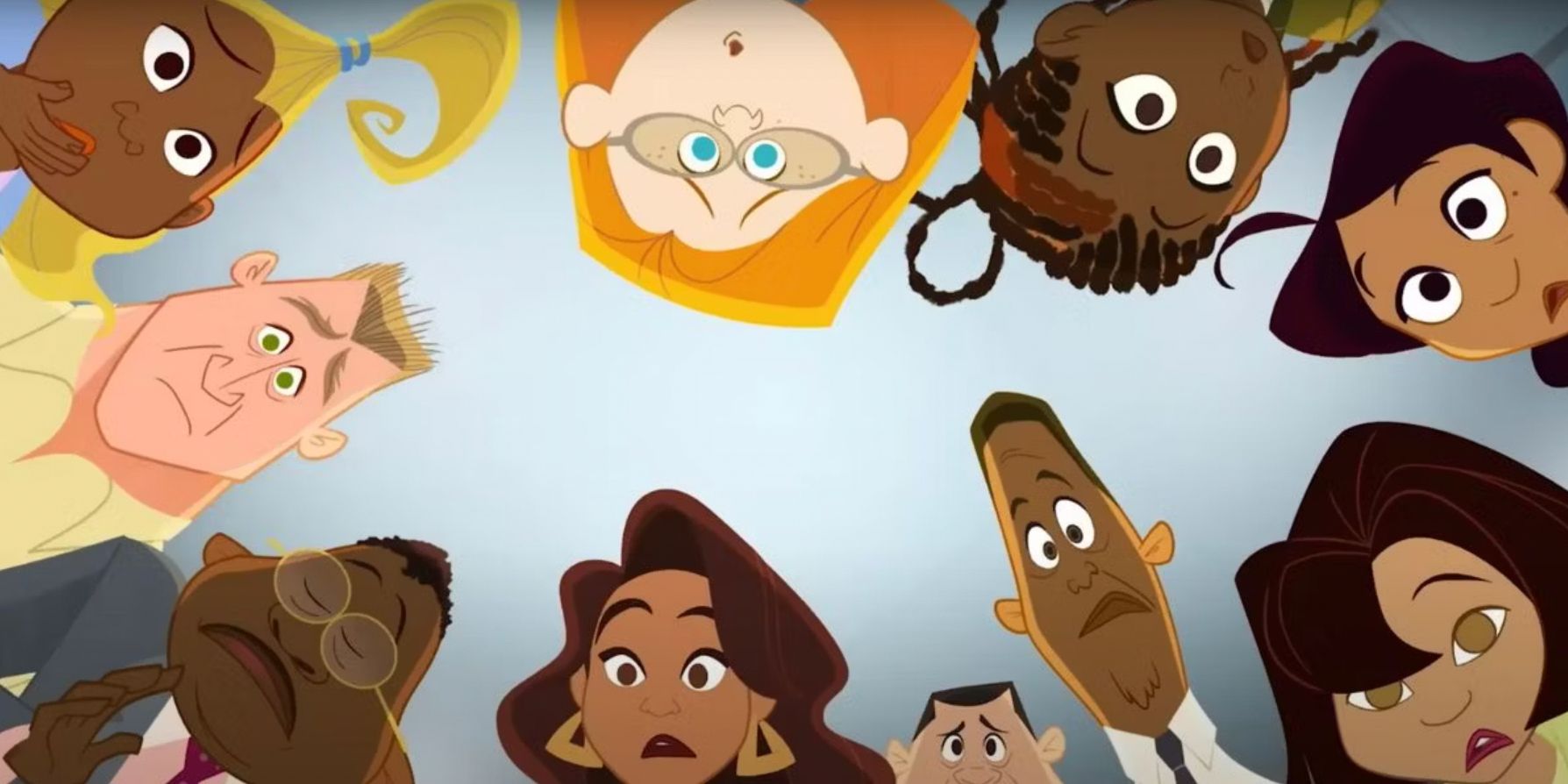 Characters of the Proud Family surround the camera to look directly at the viewer