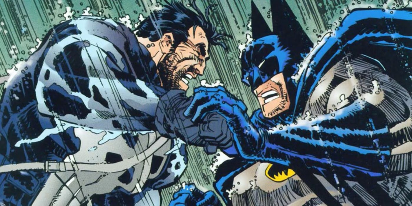 Justiceiro e Batman lutando na chuva em Deadly Knights.