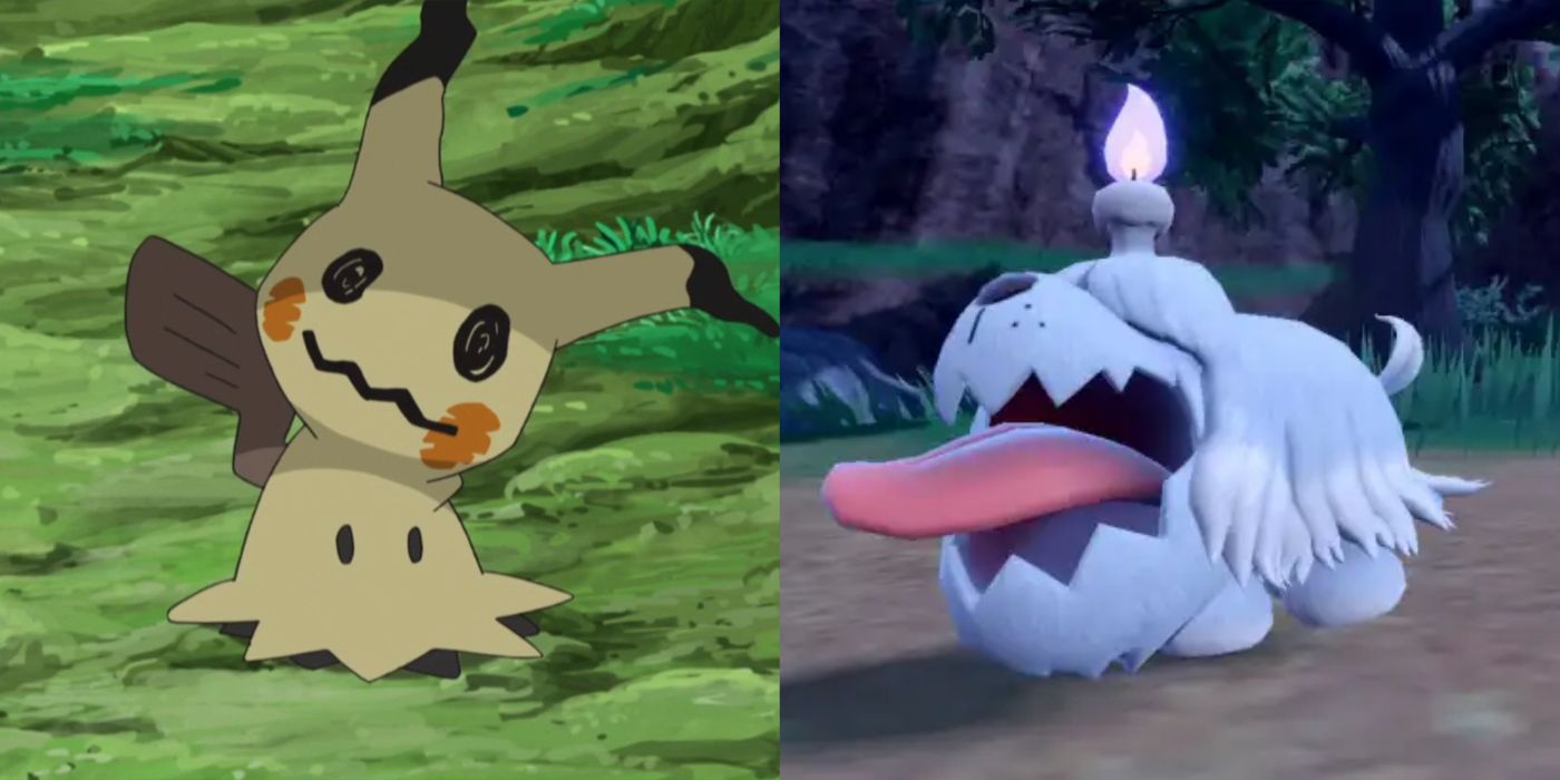 A two-image collage from Pokemon. On the left, Mimikyu smiles at the camera. On the right, Greavard sticks its tongue out.