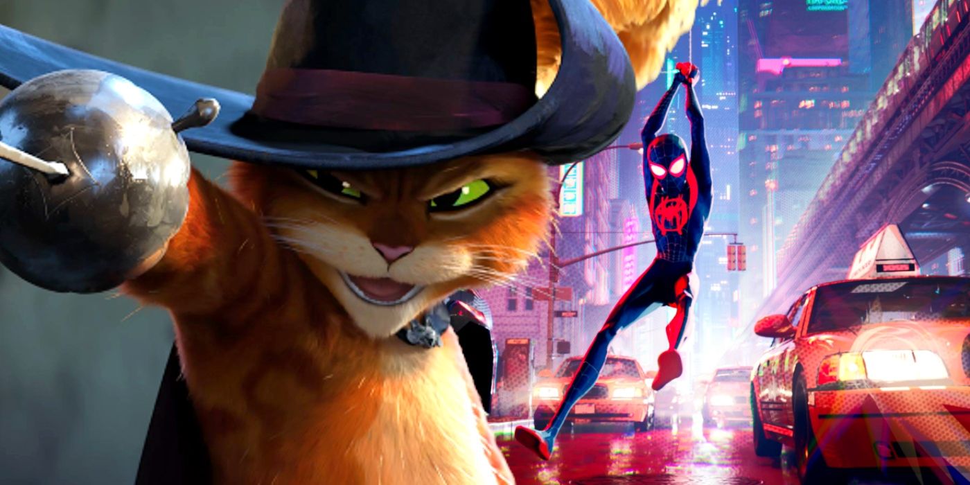 Custom image of Puss in Boots and Spider-Man in Into the Spider-Verse.