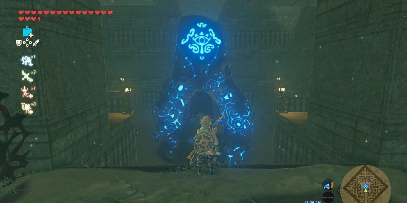 Tautan berdiri dan melihat Kuil Qaza Tokki di Zelda: Breath of the Wild