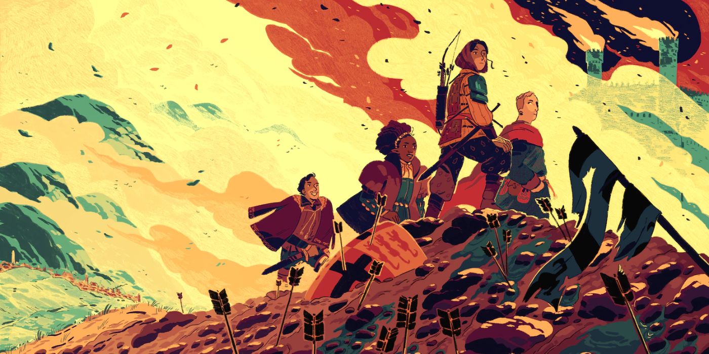 Key art for TTRPG Quest, showing an adventuring party of four standing atop a hill on a battlefield, with the ground strewn with arrows, banners, and a shield.