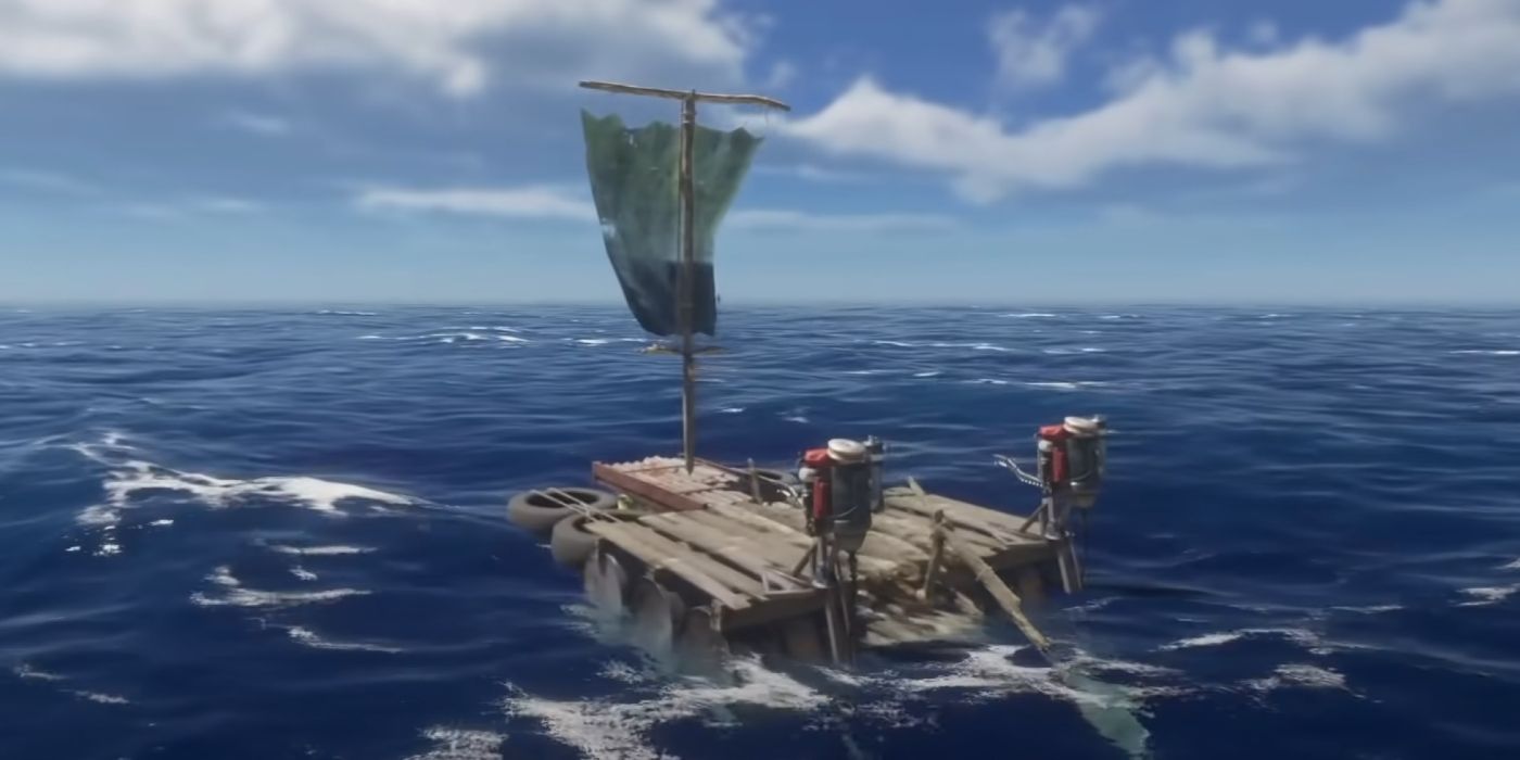 Uma jangada em Stranded Deep no oceano com uma vela e um motor