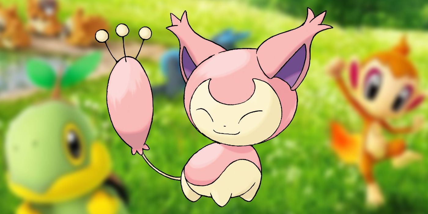 Image of Skitty pasted on a blurred background from Pokémon GO showing Pokémon frolicking in a grassy field.