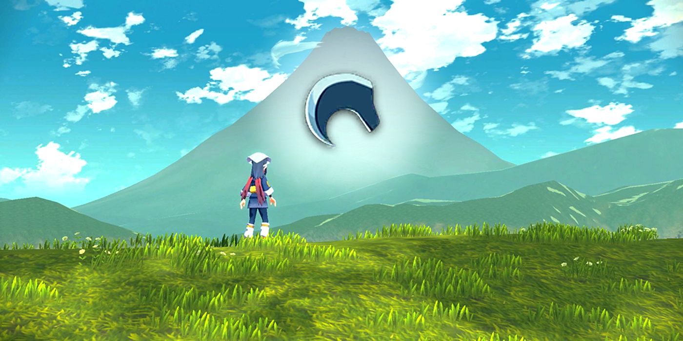 A Razor Claw in Pokemon Legends Arceus floating in the sky in front of a mountain while a Trainer stares from far away