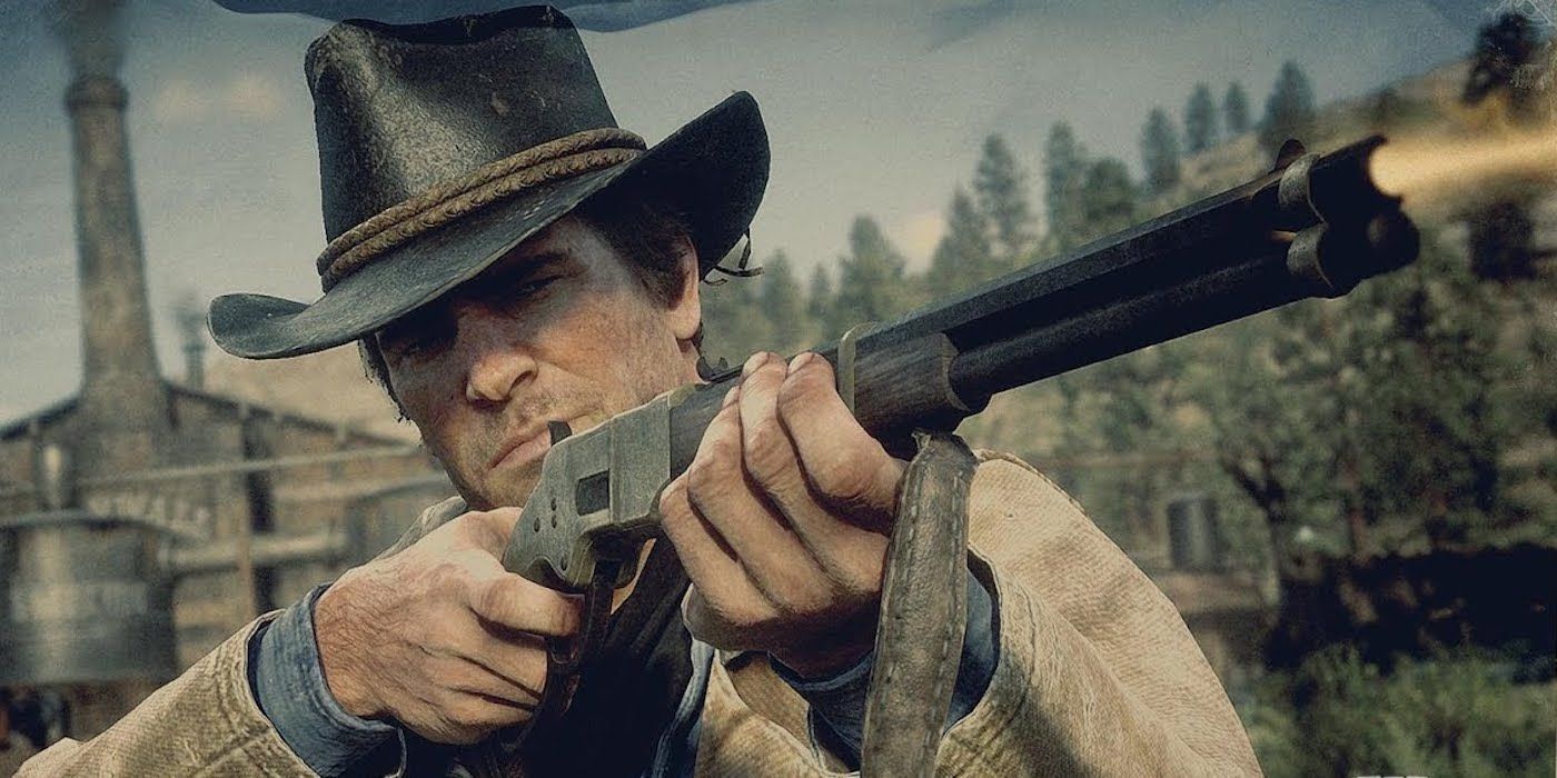 Arthur Morgan disparando un rifle Winchester en Red Dead Redemption 2