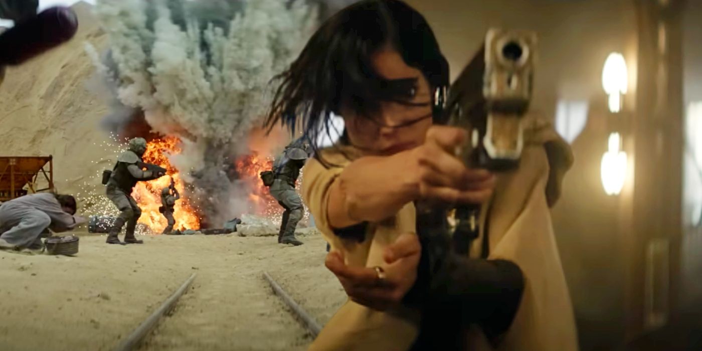 Custom image of an explosion and Sofia Boutella as Kora in Rebel Moon.