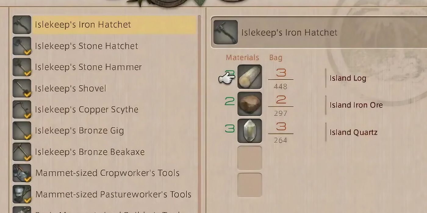 Recipe for Crafting the Islekeep's Iron Hatchet in FFXIV