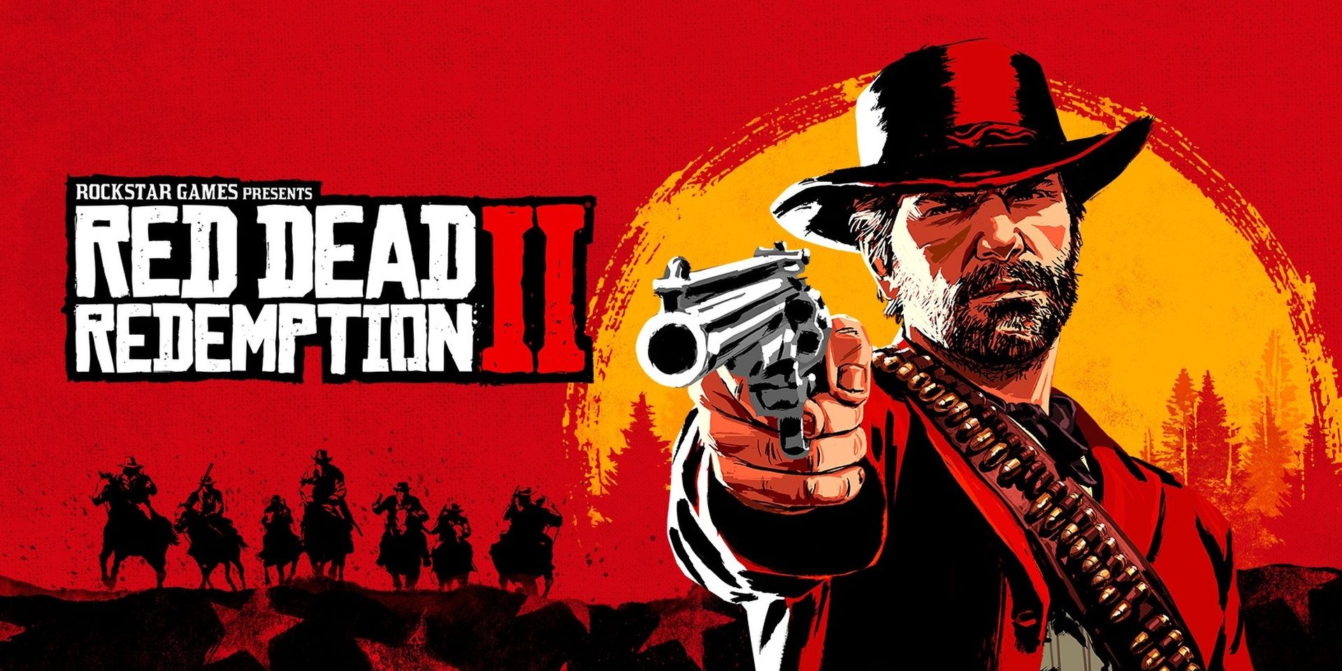 Arthur Morgan de Red Dead Redemption 2 pointant un revolver vers l'écran alors que les silhouettes de son gang chargent à côté de lui.