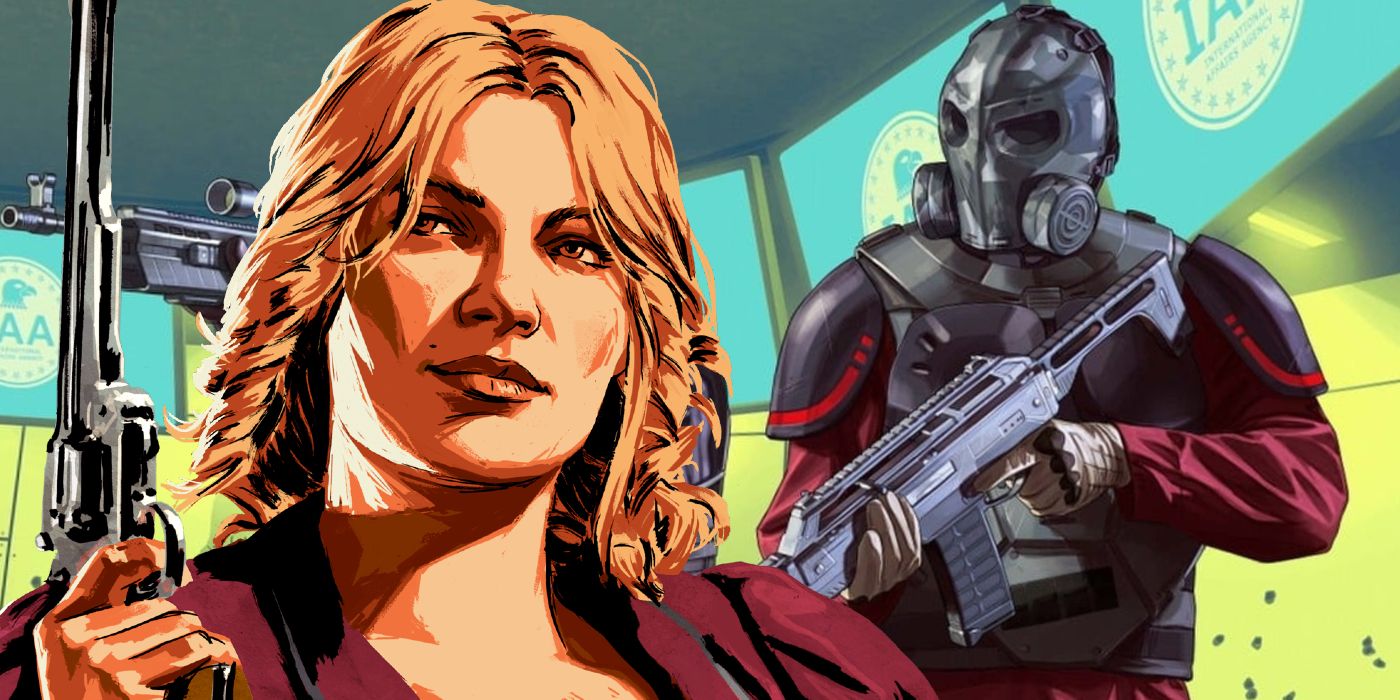 Artwork of Karen holding a Schofield revolver in Red Dead Redemption 2 pasted in front of official GTA Online art showcasing armored characters holding weapons inside the IAA building.