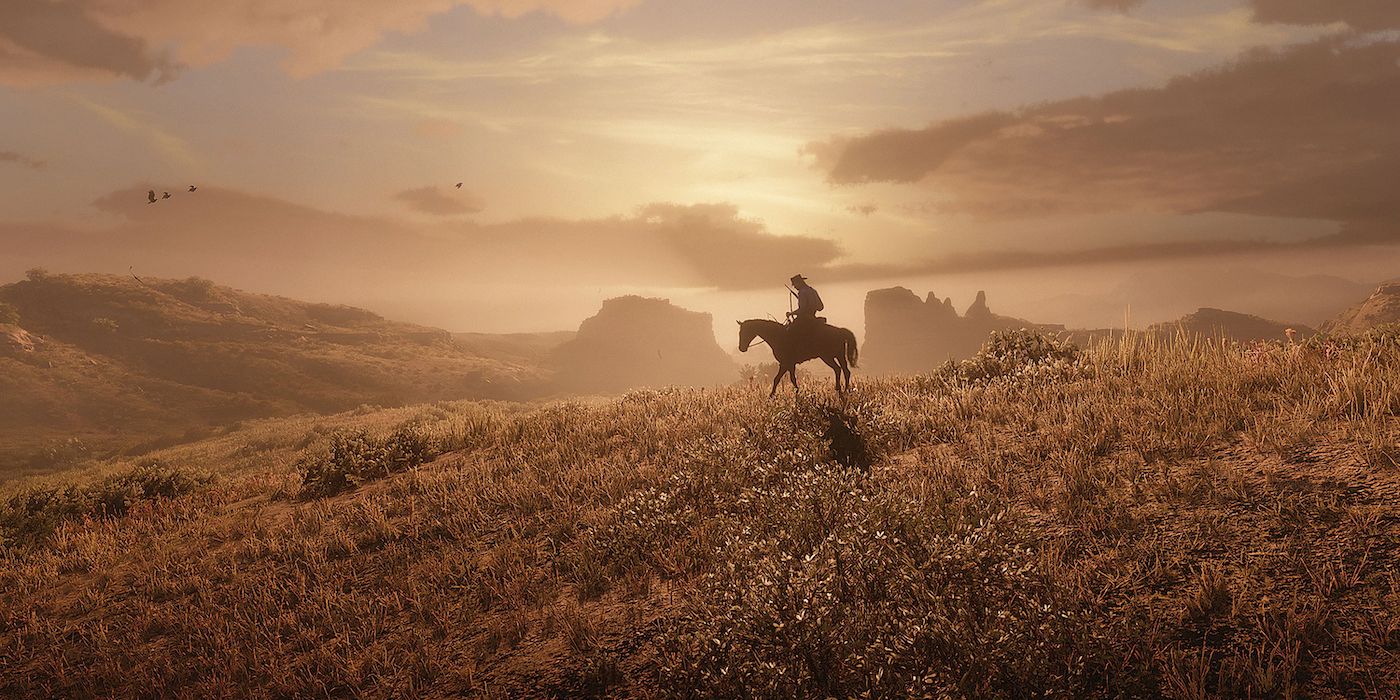 The sun silhouettes Arthur Morgan as he rides a horse through a field in a Red Dead Redemption 2 screenshot.