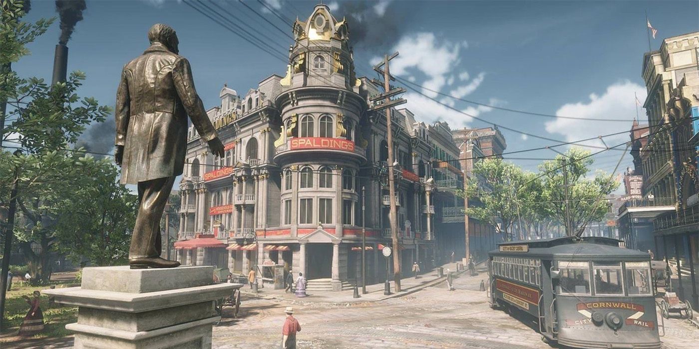 The image of Saint Denis in Red Dead Redemption 2, featuring a statue of a man with a cornwall, a Cornwall tram, and sevearl people walking on the street.