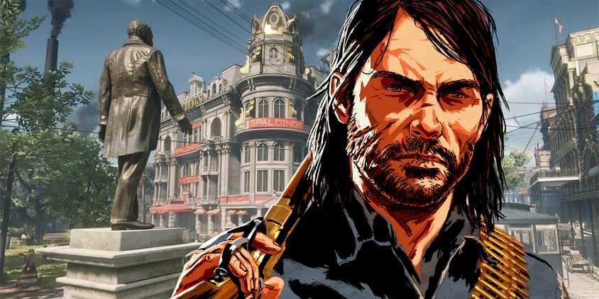 Artwork of John Marston from Red Dead Redemption 2 pasted in front of a screenshot depicting Saint Denis, a bustling late 19th century town modelled on New Orleans.
