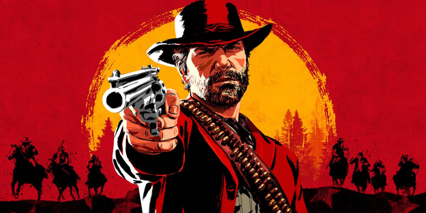 Seni promo Red Dead Redemption II menampilkan Arthur Morgan mengarahkan pistolnya.