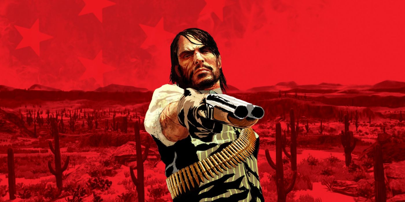 Seni promo Red Dead Redemption menampilkan John Marston mengarahkan senapannya.
