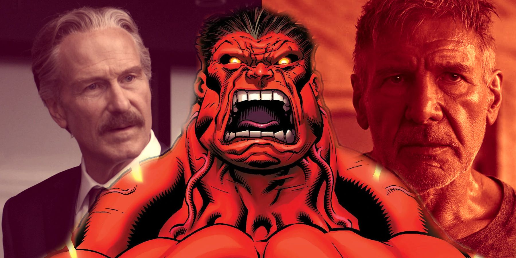 Imagem dividida: General Ross (William Hurt) parece preocupado;  quadrinhos Red Hulk grita de raiva;  Harrison Ford como Deckard Shaw em Blade Runner 2049