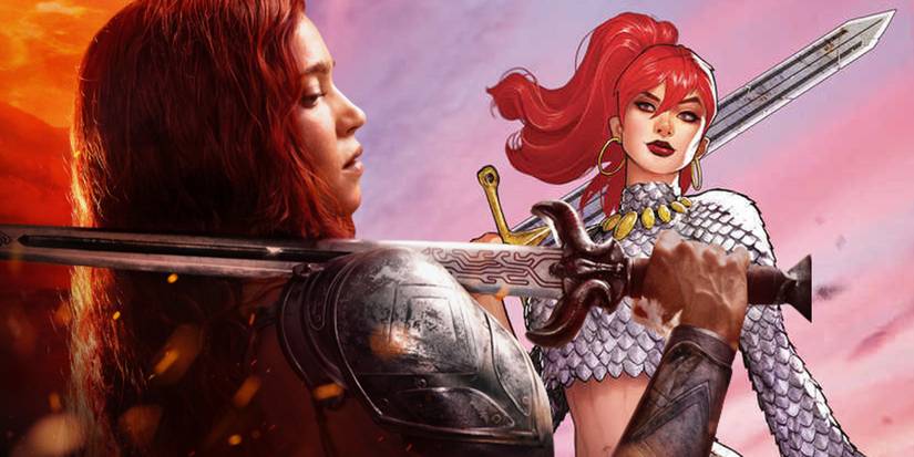 Matilda Lutz as Red Sonja and art from a Red Sonja comic book.