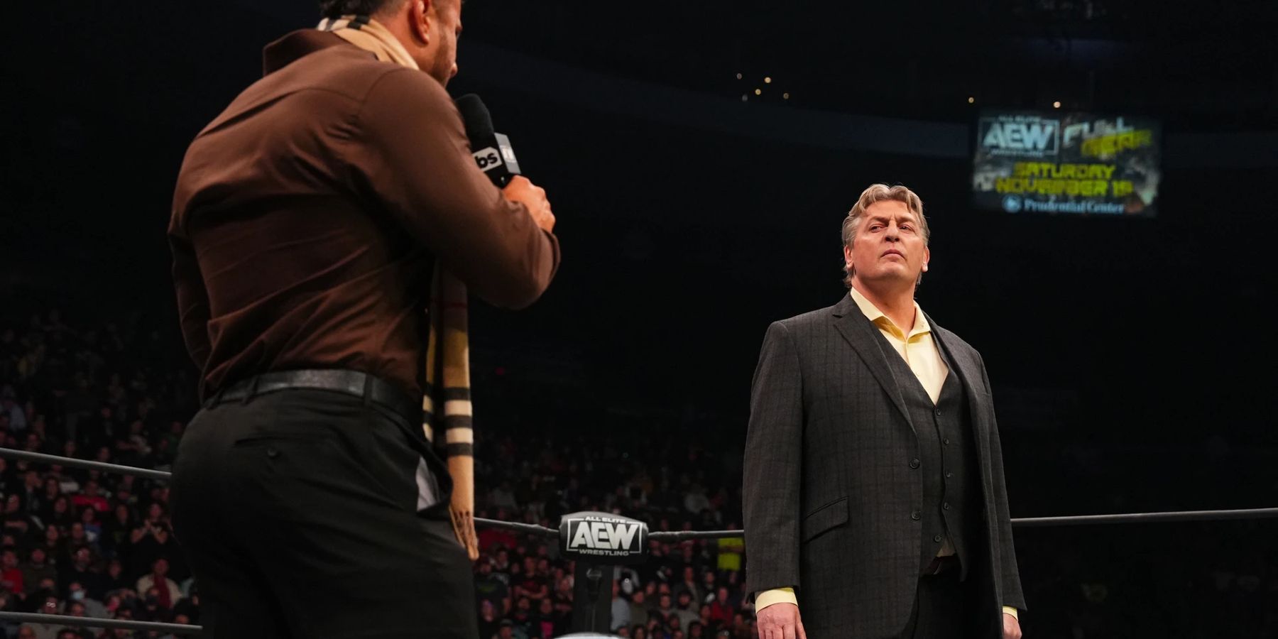William Regal listens to MJF as he cuts a promo leading up to AEW Full Gear in 2022.