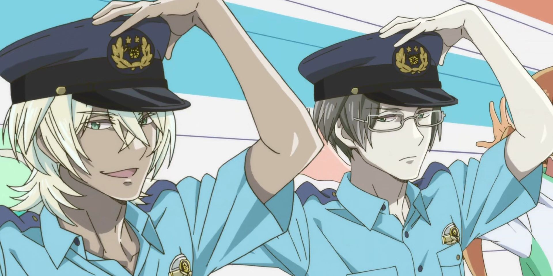 Reo Niiboshi and Mabu Akutsu posing in their cop uniforms in Sarazanmai.
