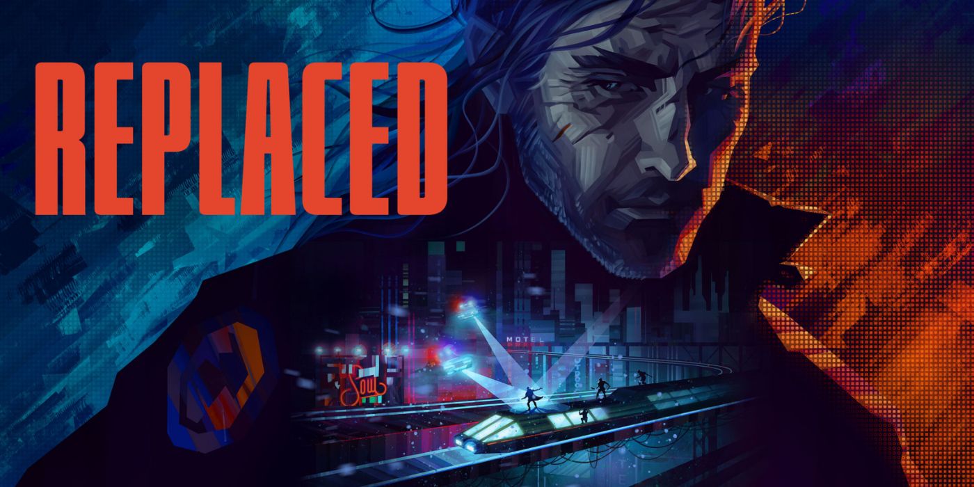 Arte promocional em cores neon para Replaced, apresentando o protagonista e a paisagem urbana de ficção científica.