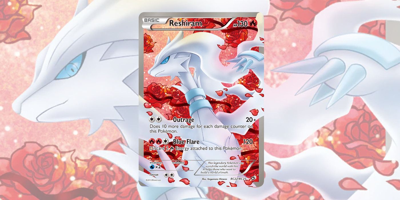 Reshiram Pokémon TCG Playing Card, with full art showing Reshiram surrounded by blood-red flower petals.