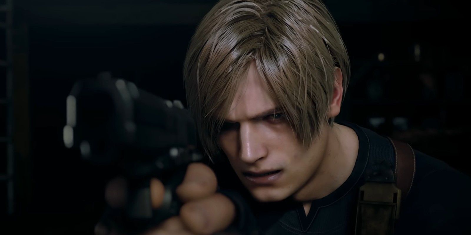 Resident Evil 4 Remake: Leon S. Kennedy, frowning, aims a gun slightly to the left of the viewer