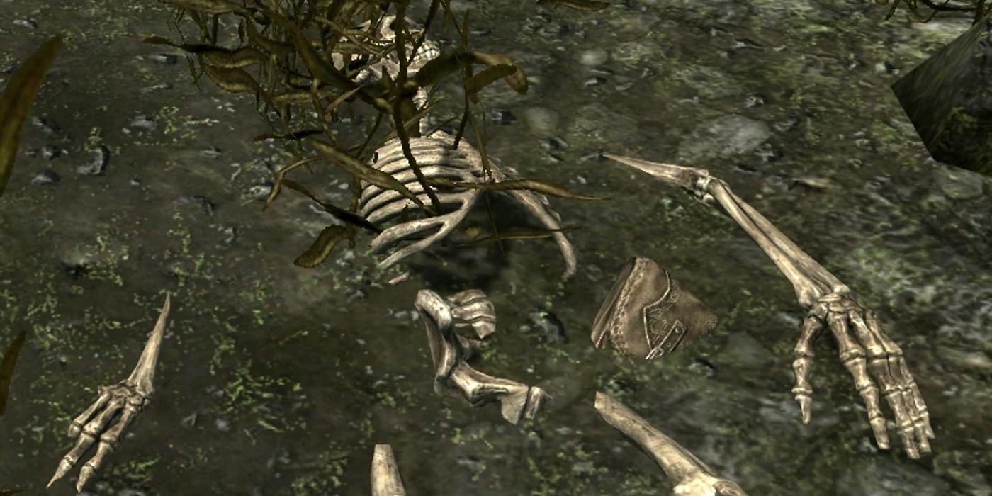 A half-buried skeleton from Skyrim, with a plant growing through the ribcage and skull.