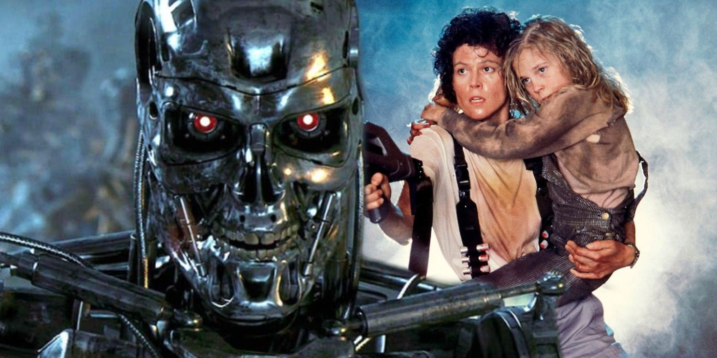 Ripley pointing a gun at a Terminator.