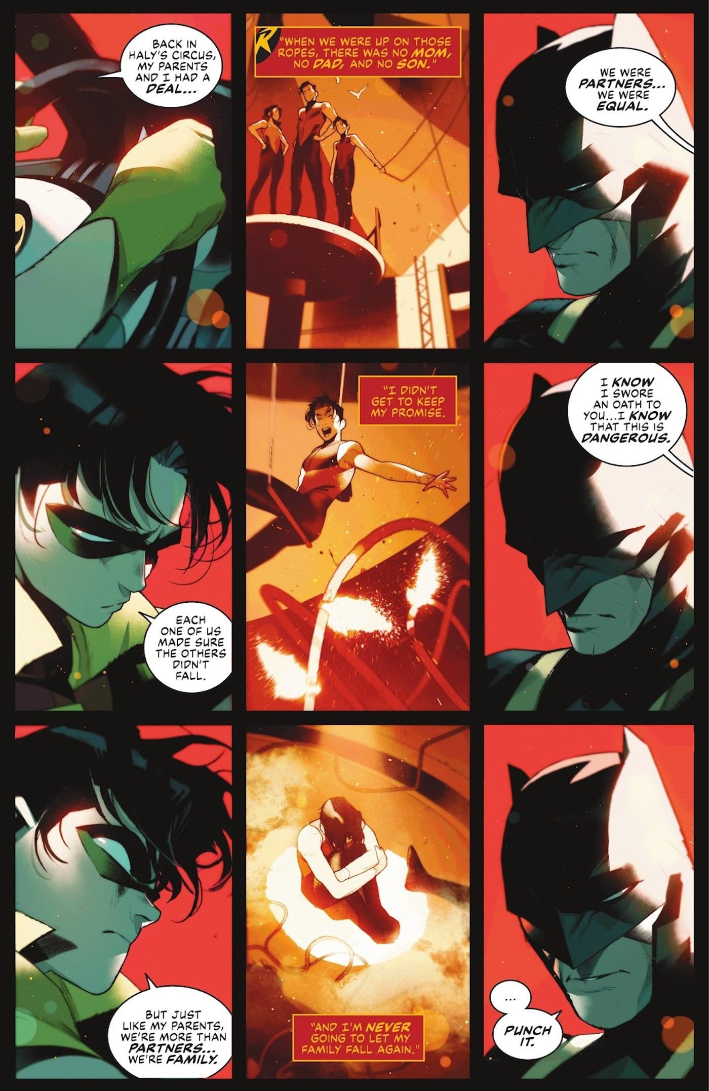 Robin Tells Batman About His Parents in a Nine Panel Grid