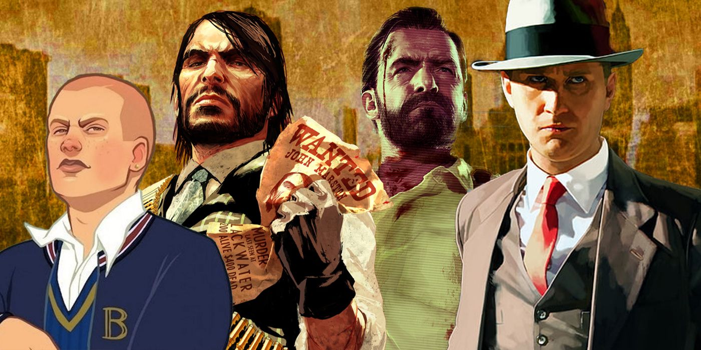 Protagonistes Rockstar de l'ère 2006-2013.  Jeux de gauche à droite : Bully, Red Dead Redemption, Max Payne 3, LA Noire.