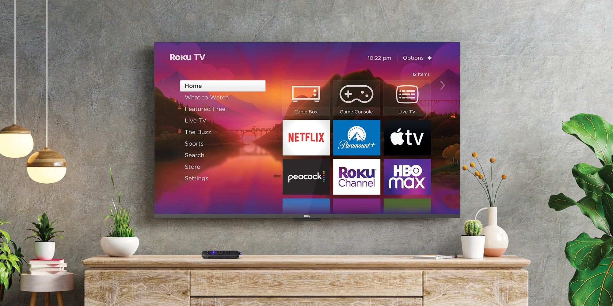 A Roku Smart TV hung on a wall in a living room