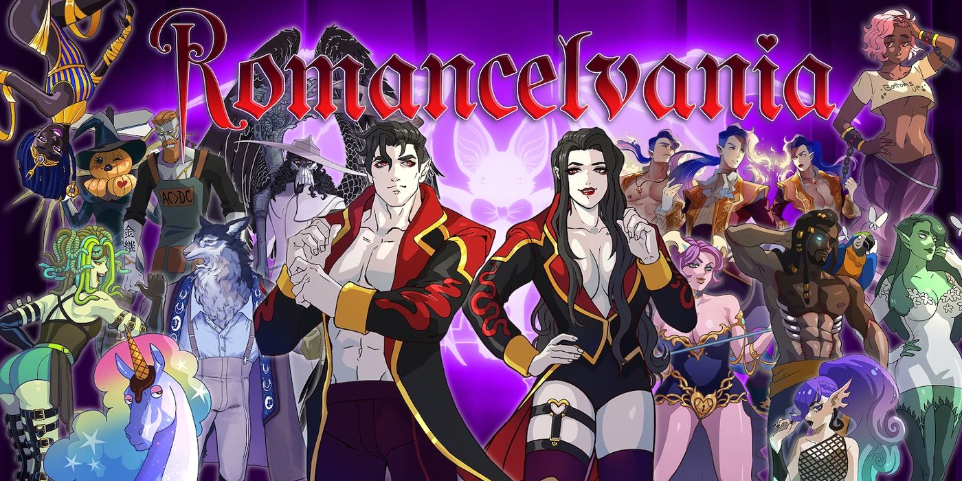 Cover art for Romancelvania depicting its rich roster of cartoon monster characters.