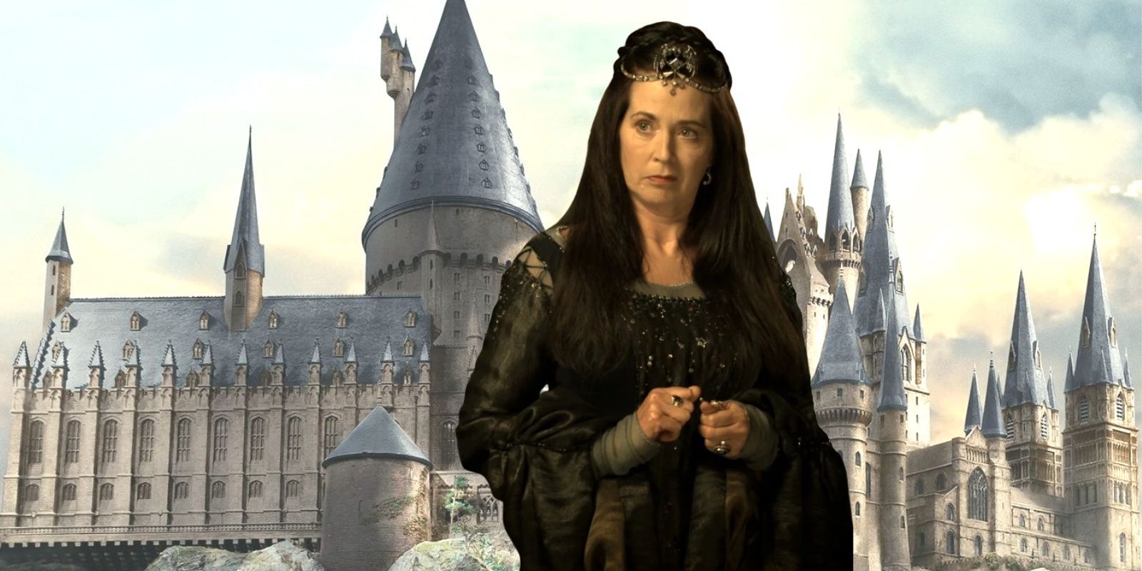Rowena Ravenclaw standing in front of a picture of Hogwarts