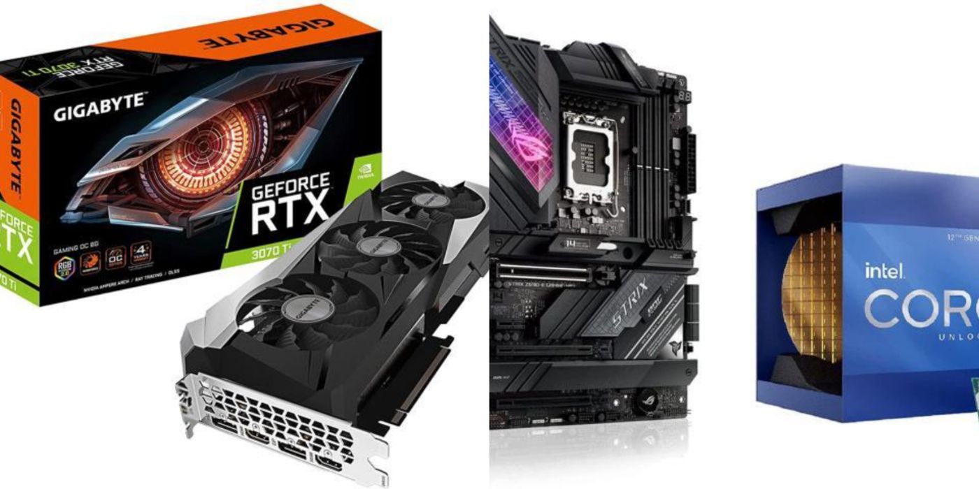 Imagem dividida de um RTX 3070 e um pacote de placa-mãe/CPU Intel no Newegg.