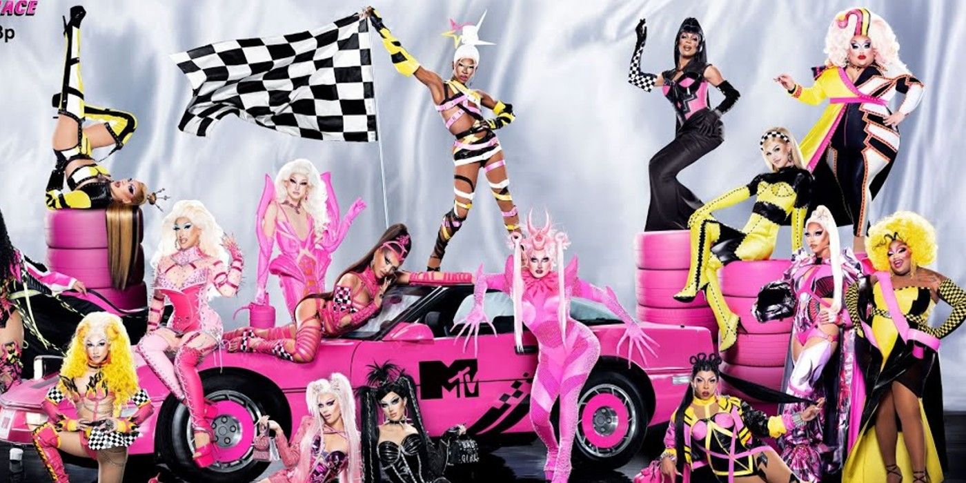 RuPauls Drag Race season 15 cast promo everyone looking serious and surrounding a pink car