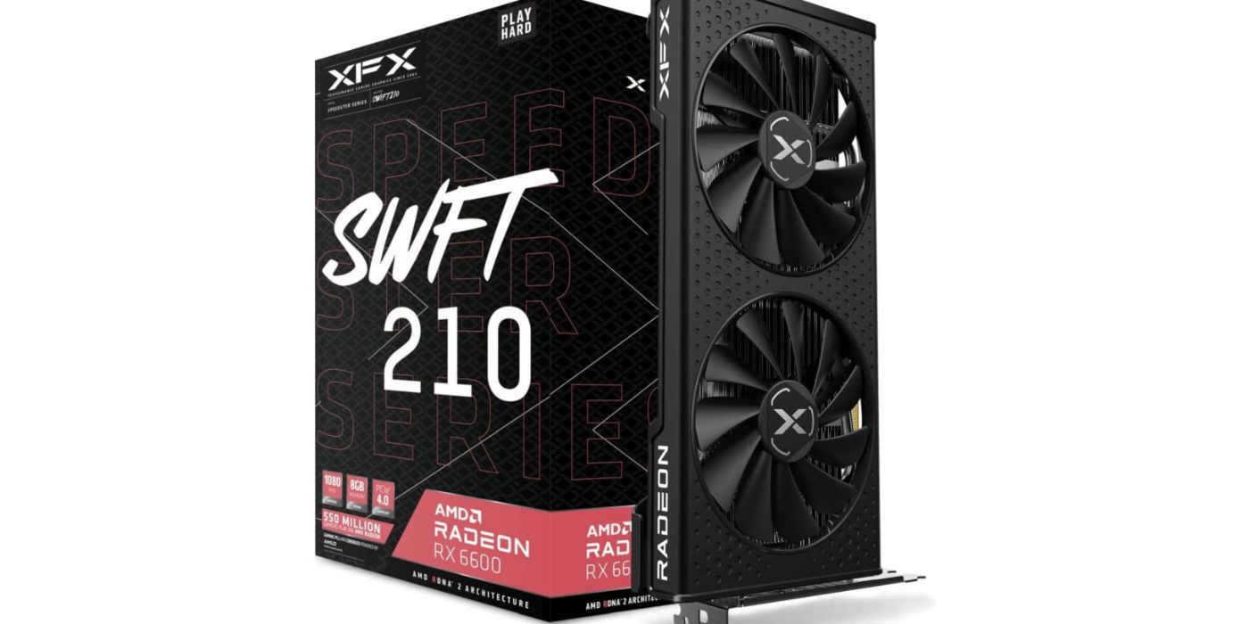 Promo image of XFX's AMD Radeon RX 6600 graphics card.